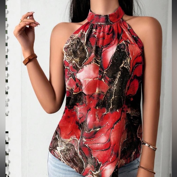 Elegant Classic Marble Water Color Print Halter Top Blouse Shirt Blue - Picture 8 of 12